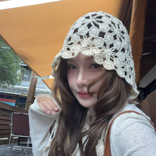 波西米亚风手工钩织包头帽女春季 镂空流苏甜美可爱透气帽子薄款