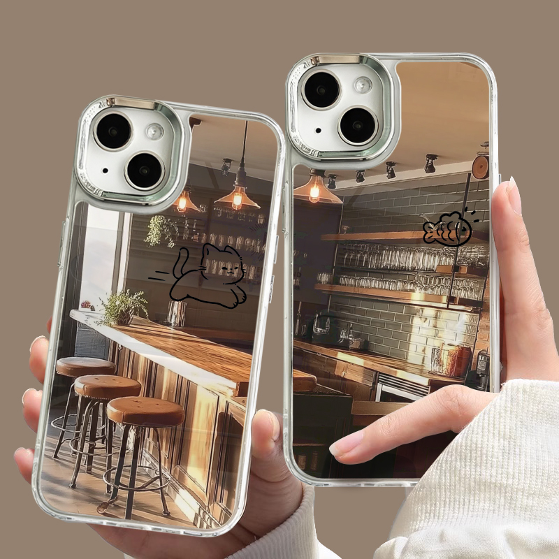 线条猫鱼情侣镜面手机壳