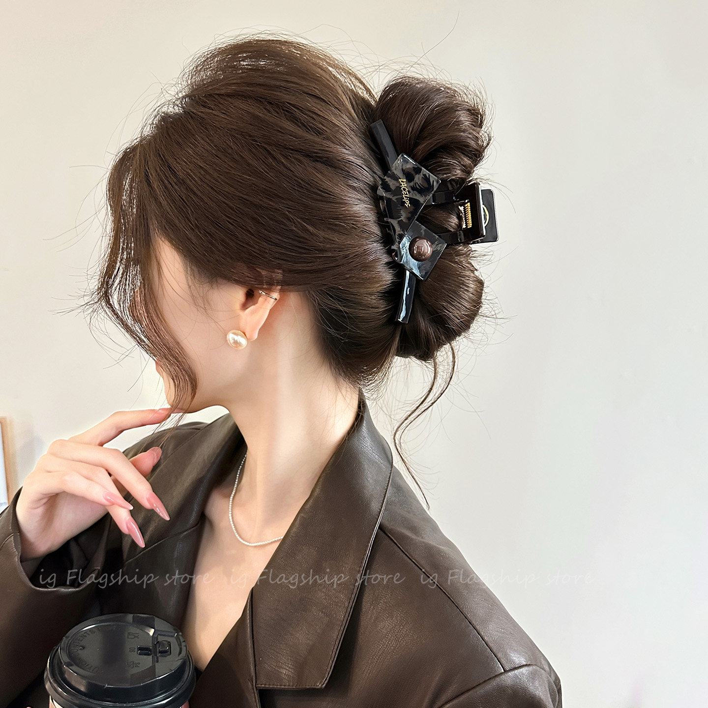豹纹珠珠金标抓夹女气质大号鲨鱼夹2026新款发量多发夹高级感发饰