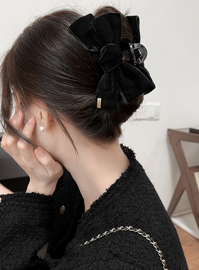 黑色蝴蝶结丝绒发夹女后脑勺大号抓夹高级感公主头鲨鱼夹发卡头饰