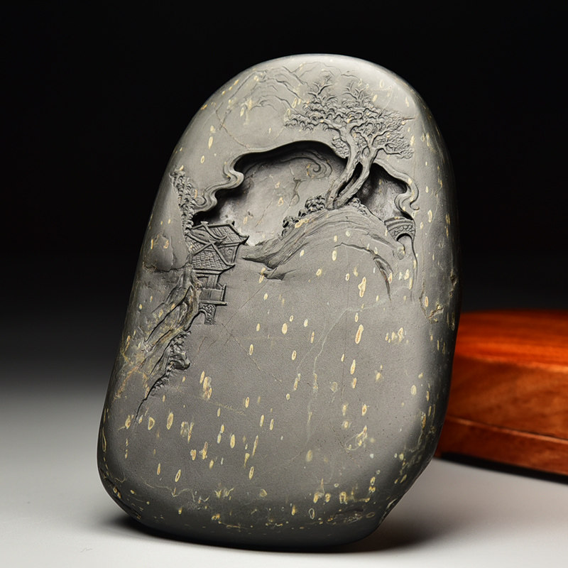 非遗歙砚名师张子坚手工雕刻砚台/徽州古韵/四大名坑金星坑金星籽料原石文房四宝书法国画专用收藏送礼龙尾砚