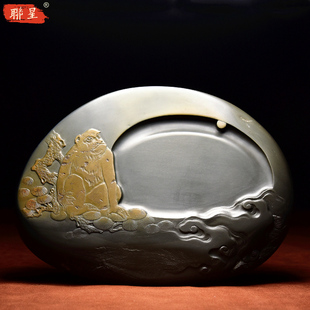 聯(lián)星國家非遺孤品名師歙硯手工雕刻動物題材文房四寶書法用品天然原石硯臺金暈籽料高檔收藏送禮佳品立體擺件