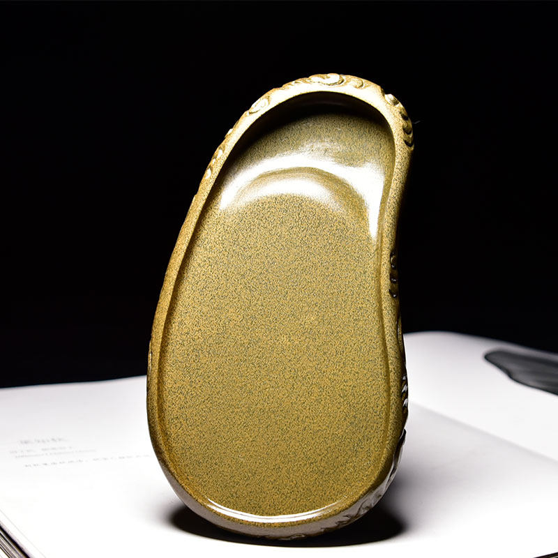 安徽歙砚名师制砚张子坚作品/祥云砚/手工雕刻天然原石老坑黄鱼籽料文