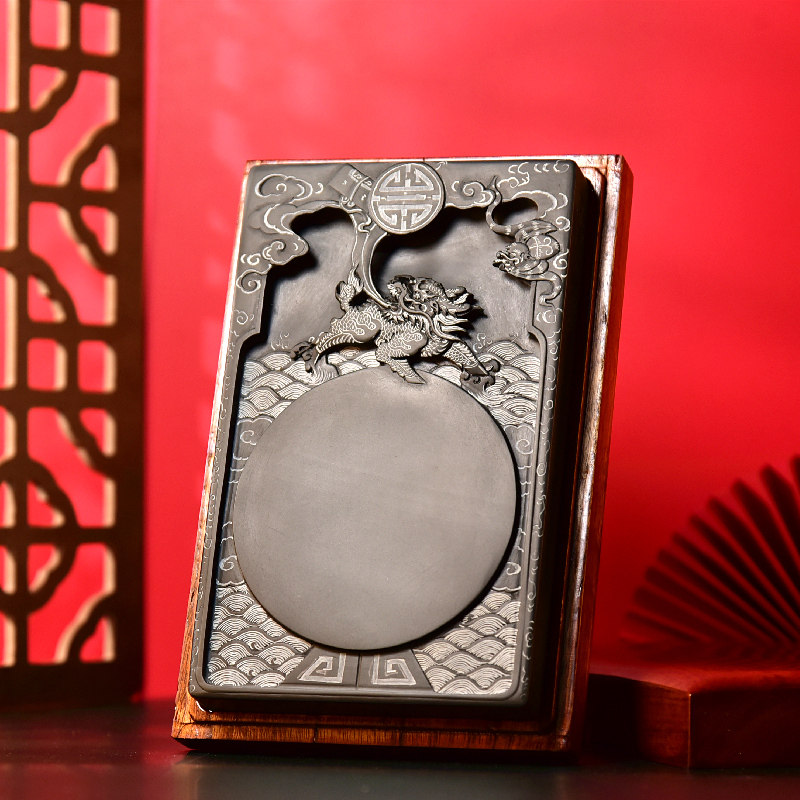 精品歙砚名师张子坚纯手工雕刻作品 麒麟祥瑞 龙尾山老坑黑龙尾原石经典素池砚台文房四宝收藏礼品摆件古典砚