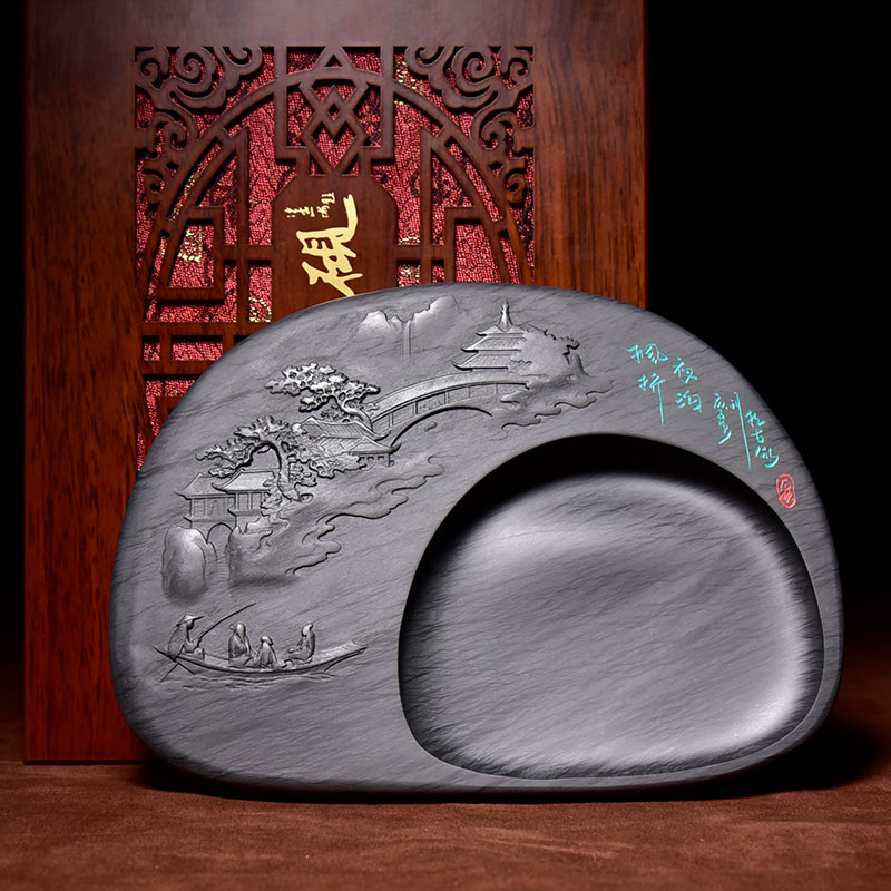 中国名砚《江南山水》系列高档礼品珍藏天然原石水波纹歙砚端砚文房四宝各类毛笔书法国画创作磨墨砚台
