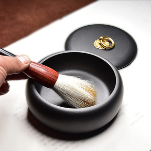 中国歙砚/经典圆池素砚带盖砚台/墨池墨海墨盒带盖原石细雨金星龙尾砚非端砚加深文房四宝砚送墨汁收藏自用