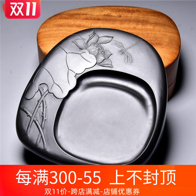 国家非遗匠心精品歙砚名师张子坚手工雕刻原石黑龙尾花鸟系列老坑砚台