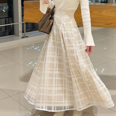 GRL高腰半身裙格子喇叭裙