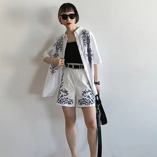 全棉刺绣套装 裤 单排扣翻领绣花短袖 休闲西装 衬衫 日单贵牌女士潮款