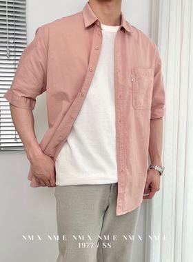 GuXi 夏季日系简约休闲短袖衬衫男士百搭休闲基础款纯色中袖衬衣