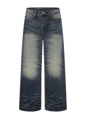 美式复古痞帅猫须水洗做旧cleanfit直筒牛仔裤男女宽松休闲阔腿裤