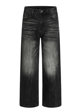 美式复古猫须牛仔裤男女宽松休闲黑色阔腿长裤百搭cleanfit直筒裤