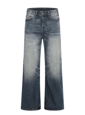 美式复古水洗做旧猫须cleanfit直筒牛仔裤男女宽松显瘦阔腿拖地裤