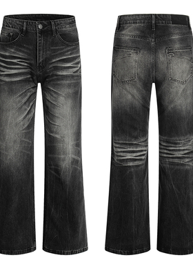 美式复古猫须cleanfit水洗微喇牛仔裤男女修身高街vibe直筒长裤潮