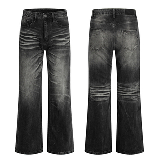 高街vibe直筒长裤 男女修身 潮 复古猫须cleanfit水洗微喇牛仔裤 美式