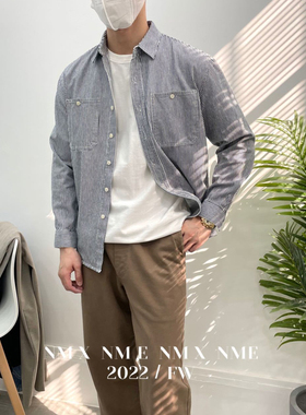 GuXi 日系复古工装衬衫长袖双口袋基础简约男士外套蓝白条纹衬衣