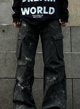 美式复古水洗重工扎染工装牛仔裤男女宽松痞帅直筒阔腿拖地长裤子