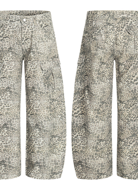 美式复古解构廓形多口袋豹纹牛仔弯刀裤男宽松百搭阔腿水洗工装裤