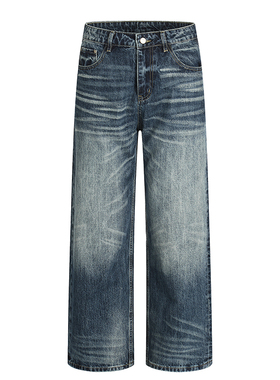 美式复古蓝色猫须直筒牛仔裤男宽松显瘦通勤百搭cleanfit阔腿裤子