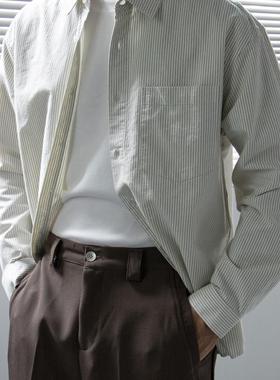 2025秋季新款色织条纹牛津纺衬衫男长袖休闲日系高级感宽松衬衣潮