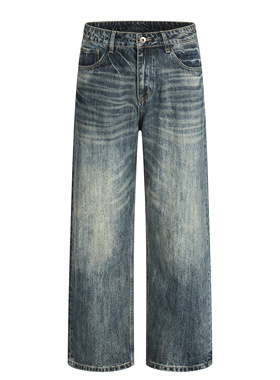 美式复古水洗做旧猫须直筒牛仔裤男女宽松百搭cleanfit痞帅阔腿裤