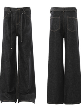 美式复古黑色原牛丹宁阔腿直筒牛仔裤男女宽松cleanfit显瘦长裤子