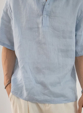 100%亚麻 日系简约休闲老钱风高级感纯色休闲翻领短袖T恤男POLO衫