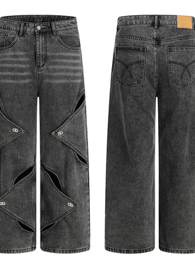 美式复古水洗做旧设计感镂空牛仔裤男女宽松显瘦破洞阔腿直筒裤子