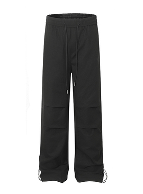 美式工装褶皱黑色抽绳阔腿裤男女宽松百搭垂感户外机能直筒休闲裤
