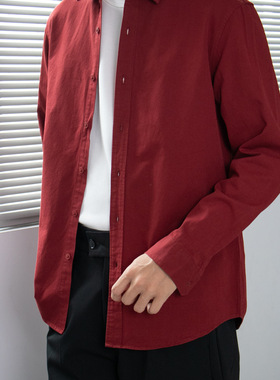 酒红色日系简约复古安可拉红纯棉长袖衬衫男宽松休闲红色开衫衬衣