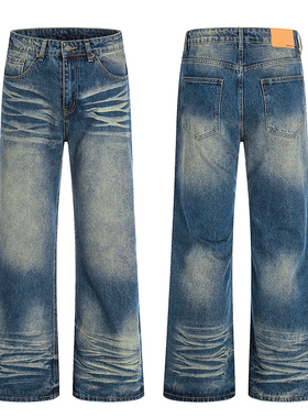 美式复古高级感猫须cleanfit直筒牛仔裤男女宽松休闲通勤阔腿裤子