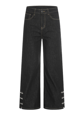 美式复古黑色设计感牛仔裤男女宽松休闲飞机扣cleanfit直筒阔腿裤