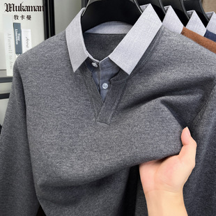 拼接假两件衬衫V领针织毛衣男韩版海鸥领衬衣轻商务中青年打底衫