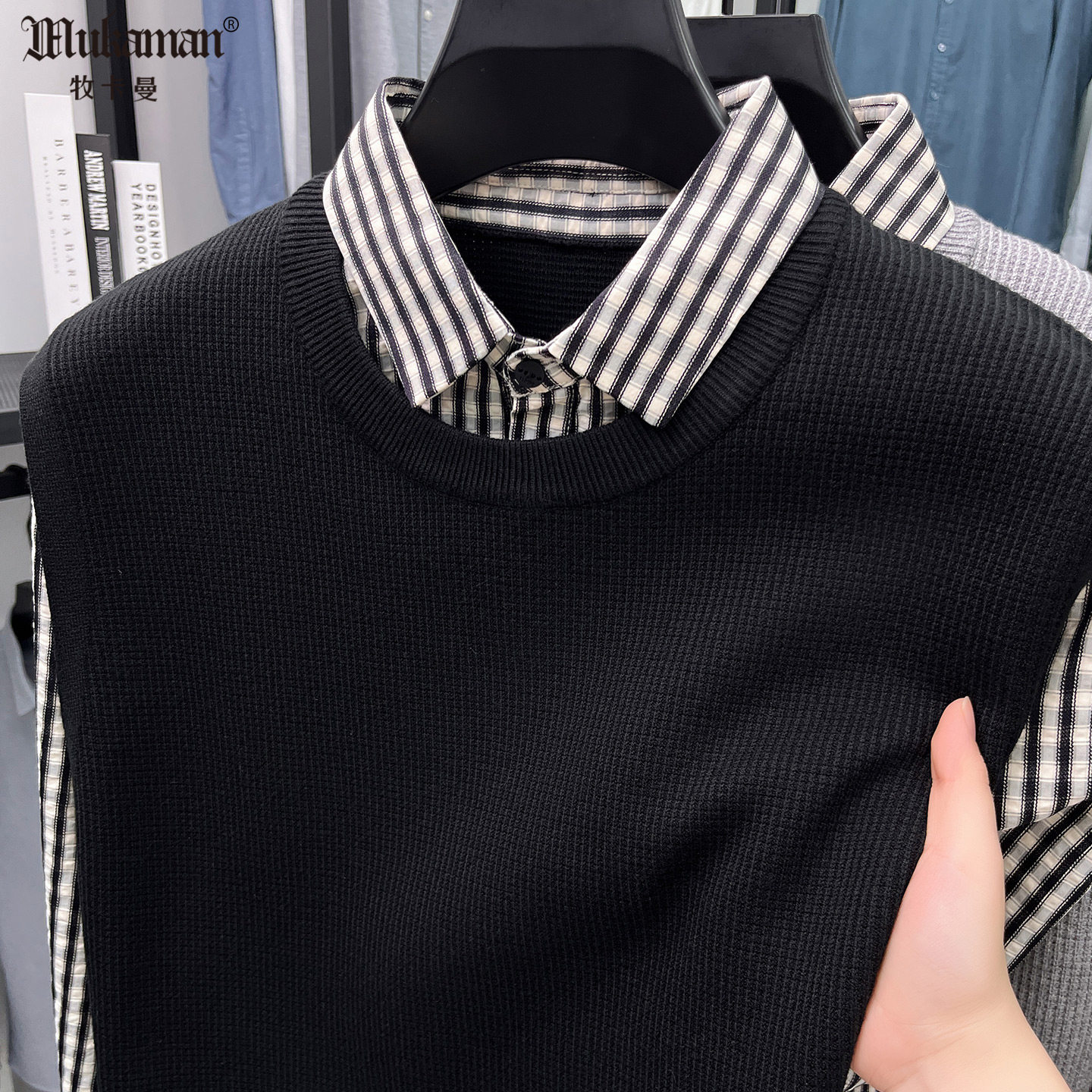 男士针织T恤假两件格条衬衫领春秋季外穿衬衣帅气韩版袖扣打底衫,男装,T恤,淘宝优惠券,粉丝福利购,淘宝优惠卷