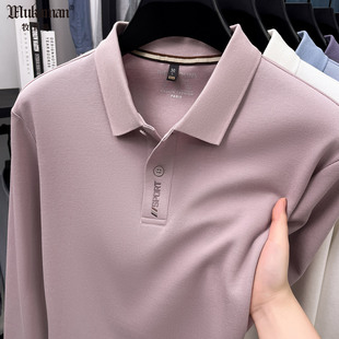 宽松全棉上衣男 秋季 长袖 T恤100丝光纯棉带领POLO衫 中年粉色打底衫