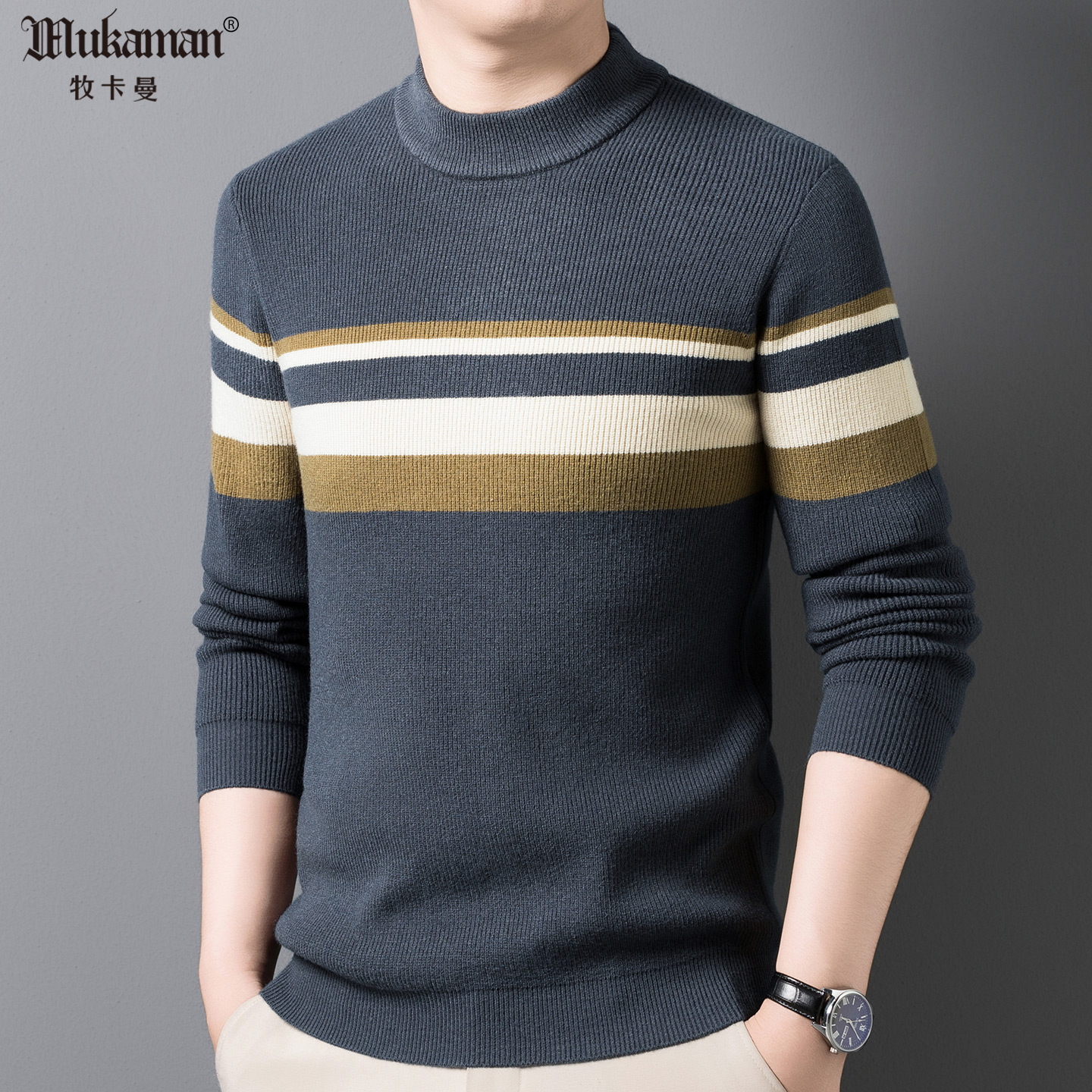 2025秋冬新款针织衫毛衣男士圆领含羊毛色织条纹弹力收腰加厚保暖