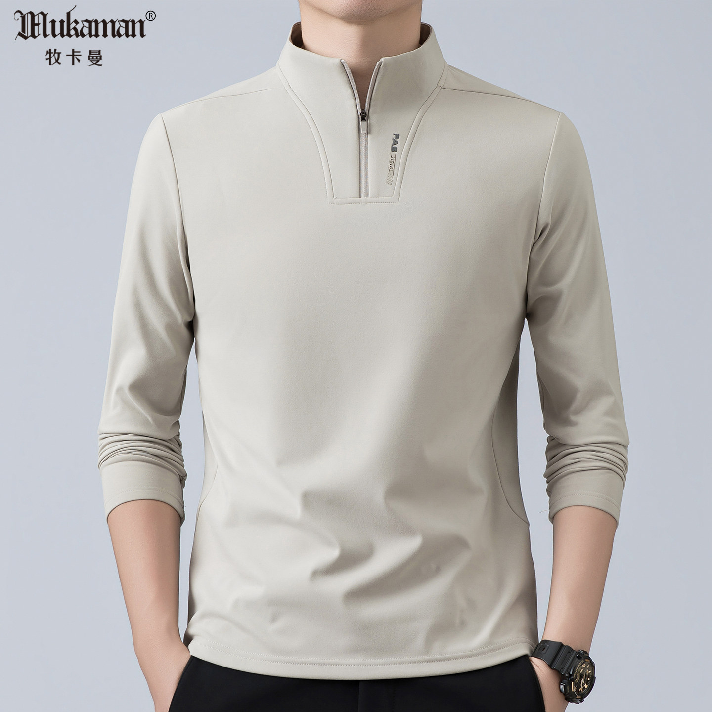 半高拉链领薄绒款长袖卫衣男中青年弹力修身春秋户外运动外穿秋衣