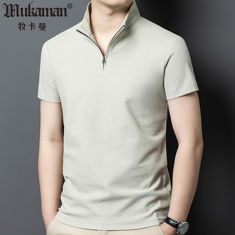 男装短袖t恤polo衫纯棉半高领宽松薄款半袖立领半拉链夏季体恤衫