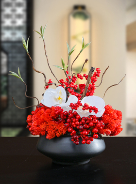 新中式绿植盆栽红色摆件餐厅摆花酒店仿真花样板房玄关餐桌花装饰