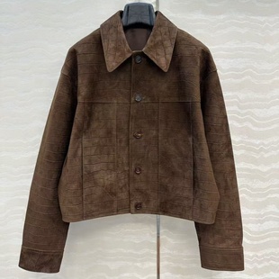 定制鳄鱼纹理麂皮绒面复古磨卡棕色系麂皮绒翻领夹克外套皮衣女