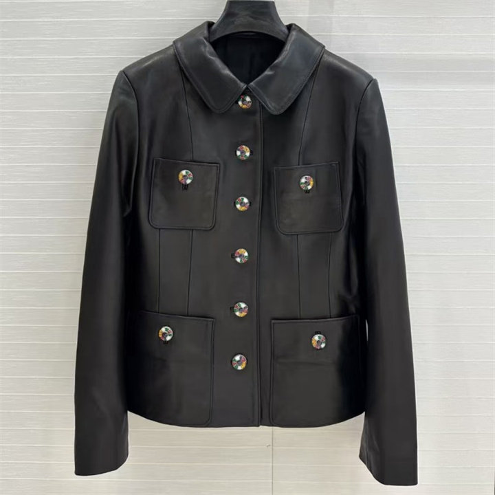 复古名媛风进口绵羊皮四口袋收腰潘彼得领单排扣皮衣外套上衣女,女装/女士精品,皮衣,淘宝优惠券,粉丝福利购,淘宝优惠卷