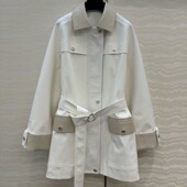 荔枝纹小山羊皮领精纺高密双股 口袋H系腰带中长风衣女 全棉工装