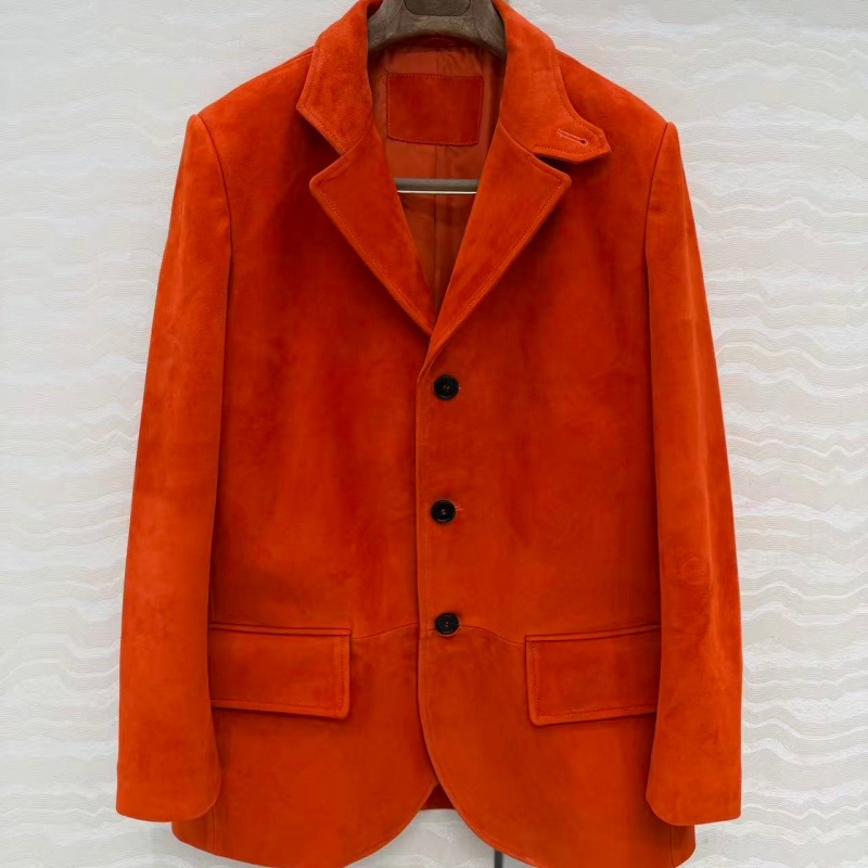韩版定制南瓜色麂皮绒面皮衣