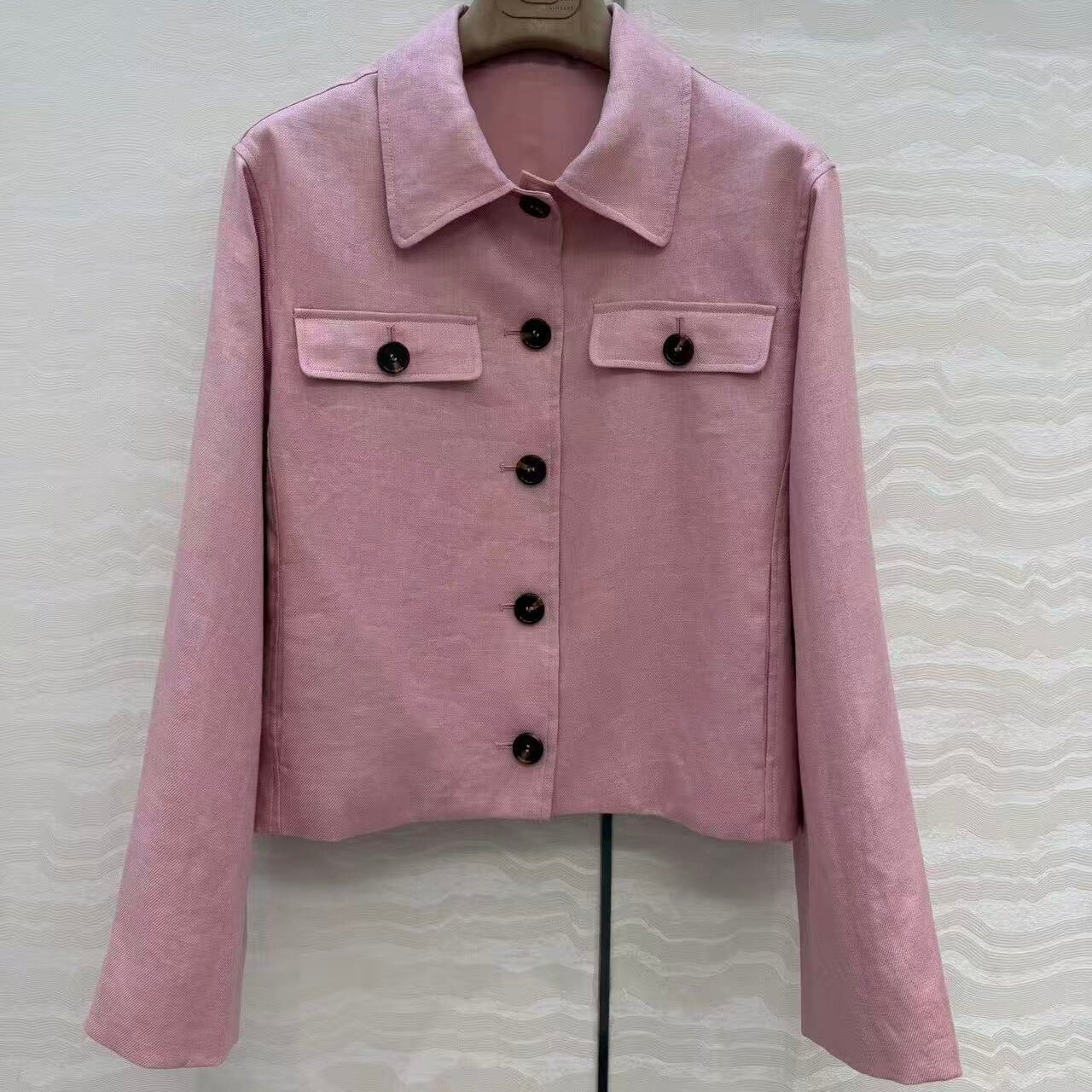 定制色织西梅粉亚麻复古牛角单排扣翻领收腰H版型夹克外套上衣女