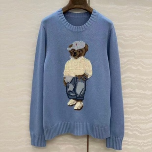 新款穿白色毛衣的小熊手勾嵌花立体刺绣H宽松版型两侧开叉毛衣女