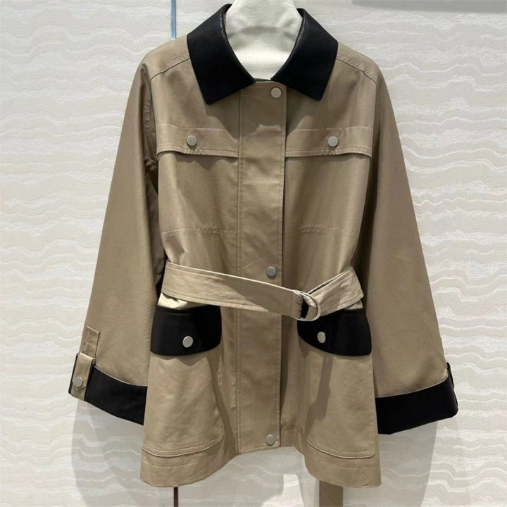 新款进口精纺高密双股全棉拼荔枝纹小山羊皮领工装口袋中长风衣女