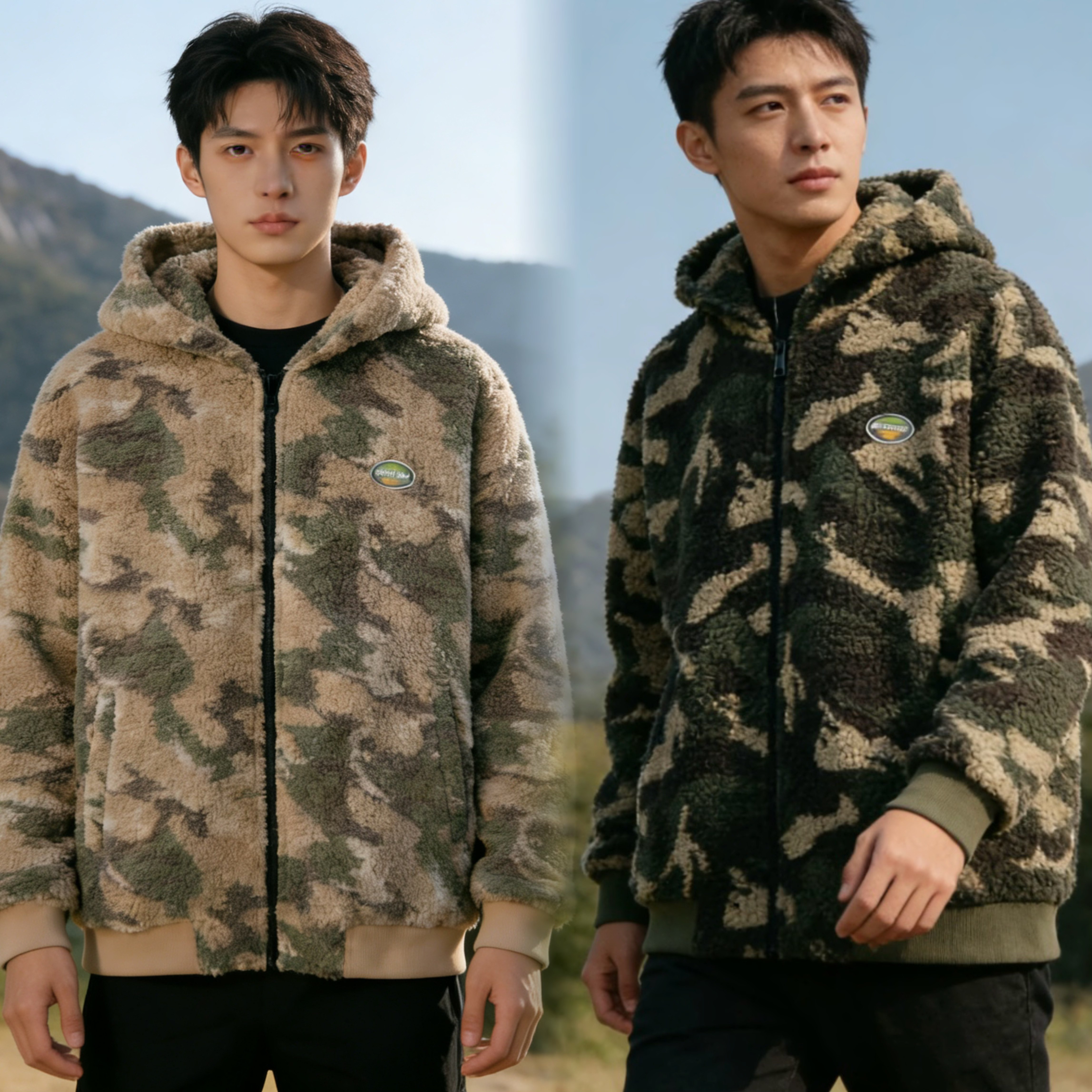 秋冬上新！拓家男装外套秋冬加厚迷彩羊羔绒连帽保暖帽衫外套