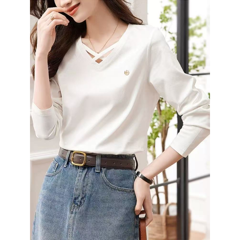 秋上新！德M家女春秋纯色棉质打底衫设计感通勤V领微弹长袖t恤