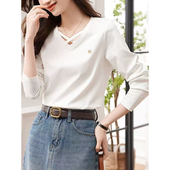 设计感通勤V领微弹长袖 秋上新 德M家女春秋纯色棉质打底衫 t恤