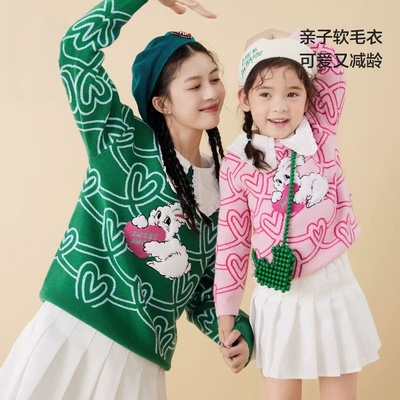 90~170码 迷巴家亲子装秋冬季手工刺绣兔子针织衫毛衣